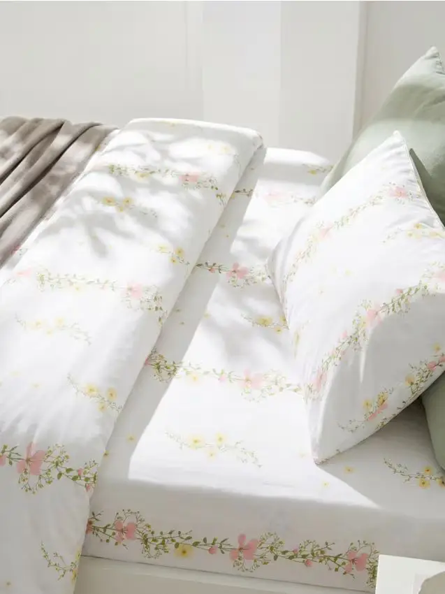 Lenzuolo in cotone con angoli e motivo floreale - panna