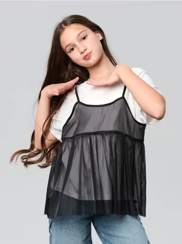 Maglietta a doppio strato con tulle - bianco