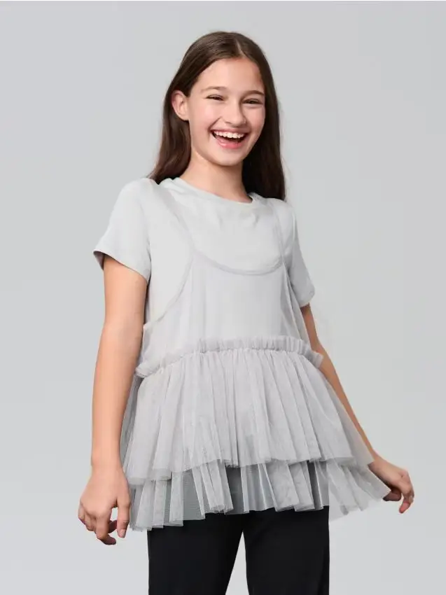 Maglietta a doppio strato con tulle - grigio chiaro