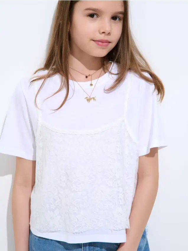 Maglietta di cotone con pizzo - bianco