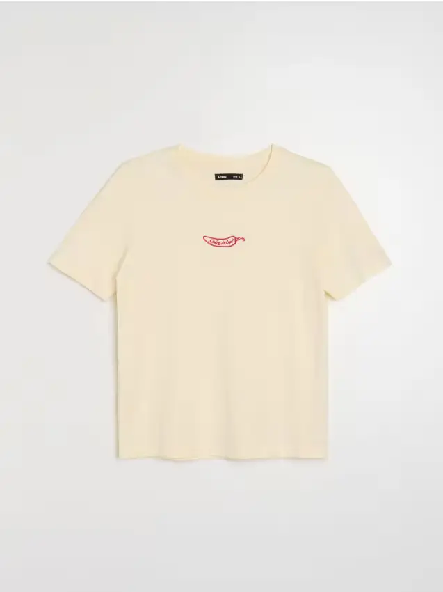 Maglietta di cotone con testo ricamato - giallo chiaro