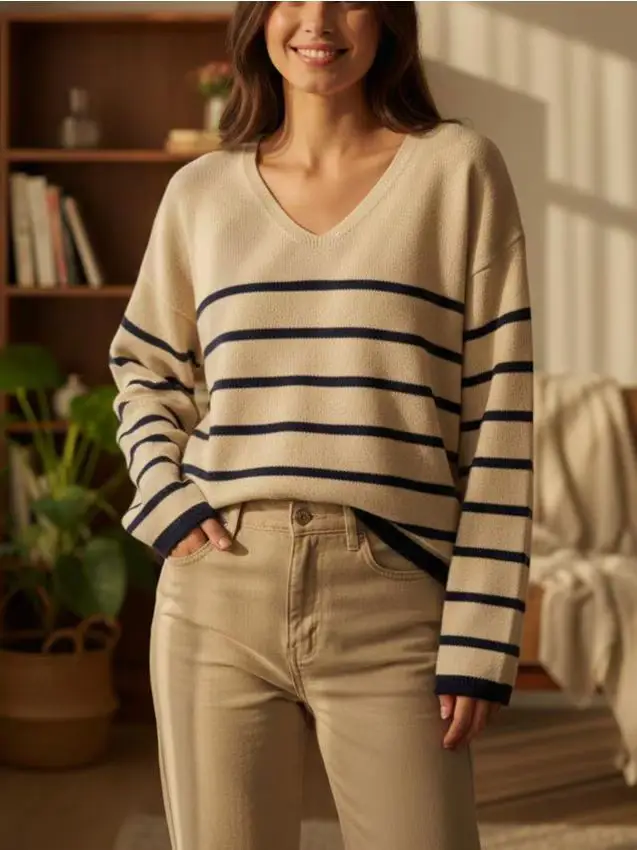 Maglione a Righe con Scollo a V - beige
