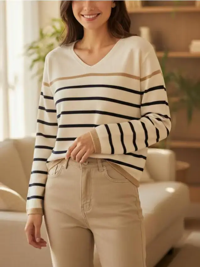 Maglione a Righe con Scollo a V - bianco