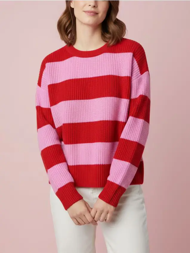 Maglione a righe con scollo rotondo e maniche lunghe - rosa pastello
