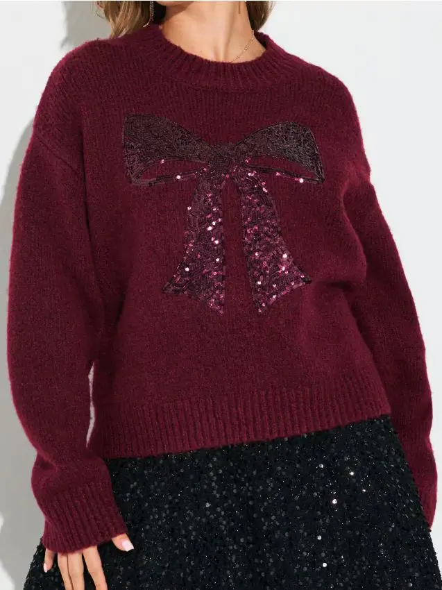 Maglione con applicazione di paillettes a forma di fiocco con miscela di lana - bordeaux