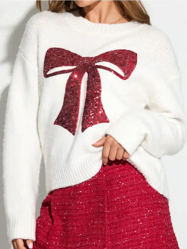 Maglione con applicazione di paillettes a forma di fiocco con miscela di lana - panna