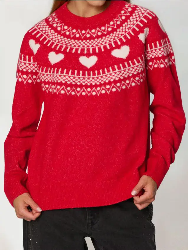 Maglione festivo con cuori in misto lana - rosso