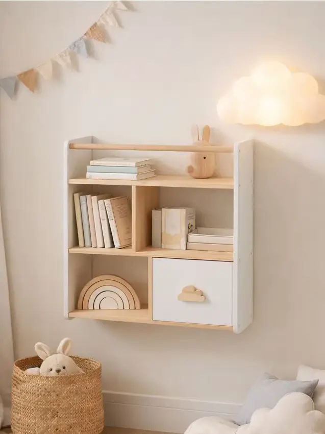 Mensola da parete a tre livelli con armadietto e motivo nuvola - bianco