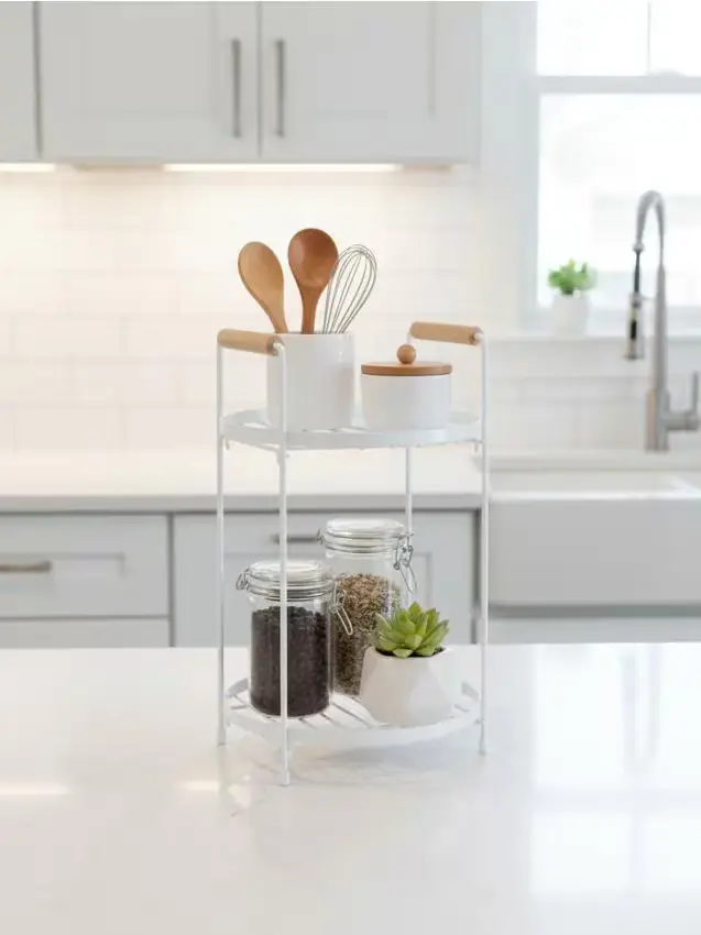 Mensola metallica a due livelli con manici in bambù - bianco