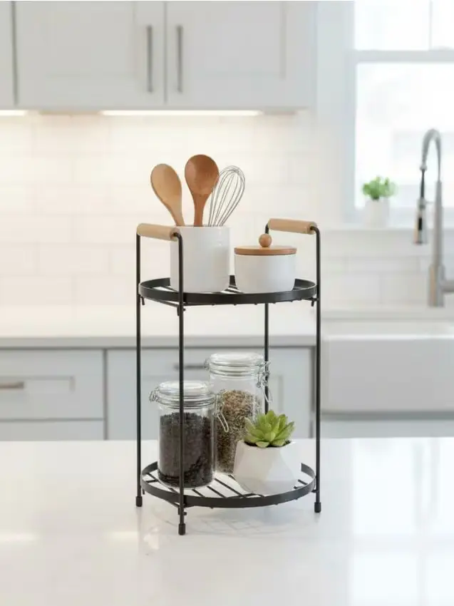 Mensola metallica a due livelli con manici in bambù - nero