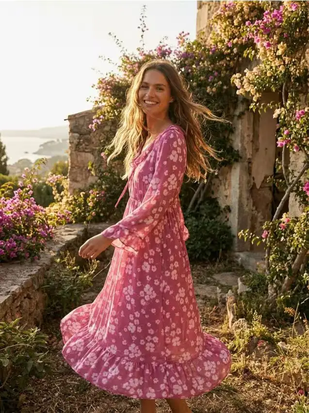 Міді сукня з воланами та зав язуванням на декольте - multicolor