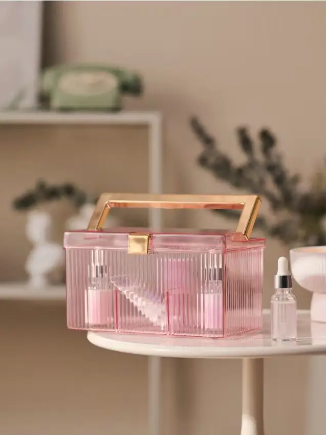 Organizer rigato con manico e scomparti - rosa pastello