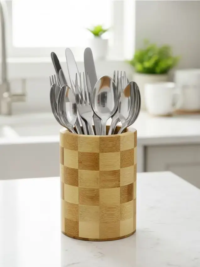Organizzatore da cucina in bambù con motivo a scacchi - beige