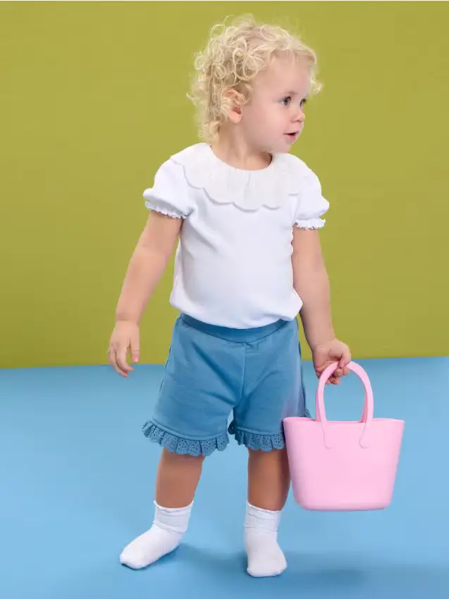 Pantaloncini di cotone con volant in pizzo - grey blue