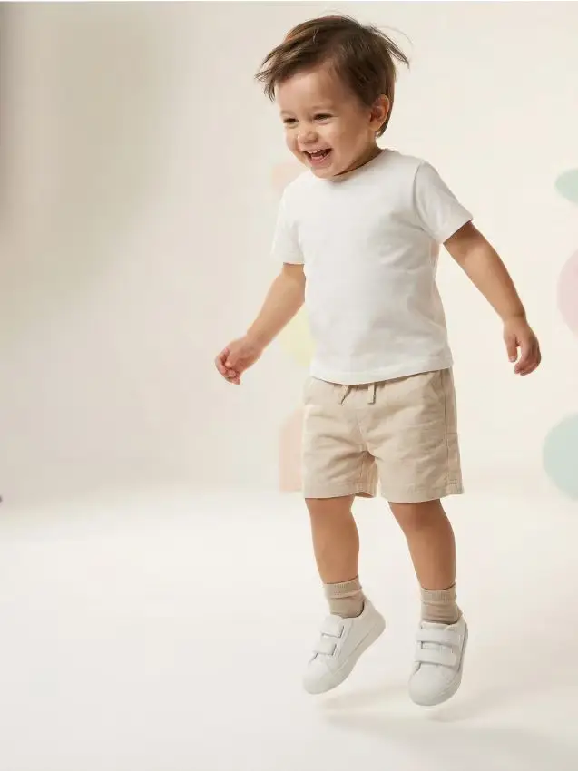 Pantaloncini in Lino con Vita Elastica e Motivo Mélange - beige