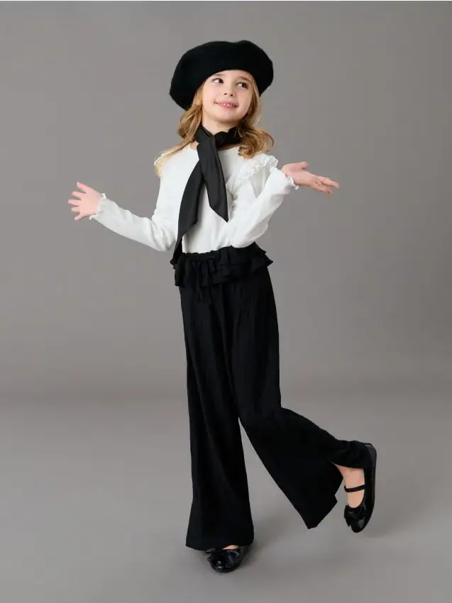 Pantaloni a gamba larga con volant decorativi - nero