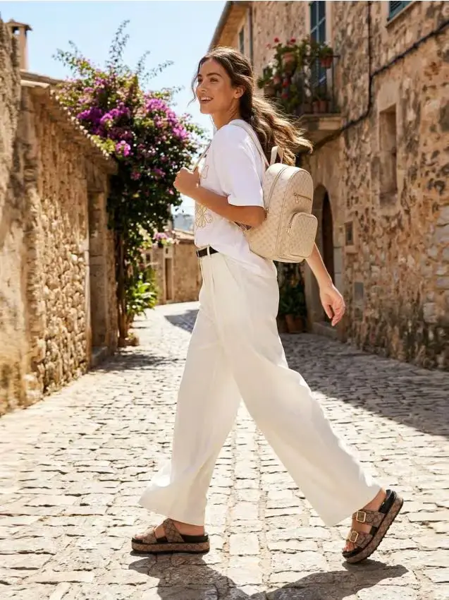 Pantaloni palazzo con miscela di lino - bianco