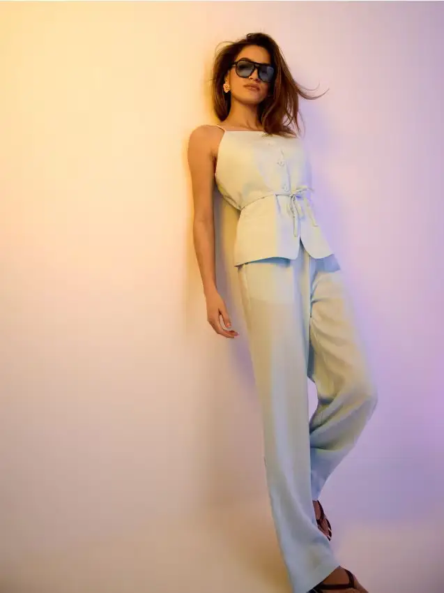 Pantaloni wide leg con viscosa - blu pallido