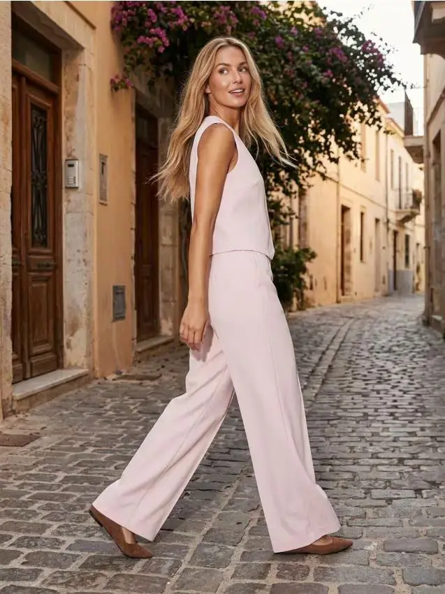 Pantaloni wide leg - rosa pastello