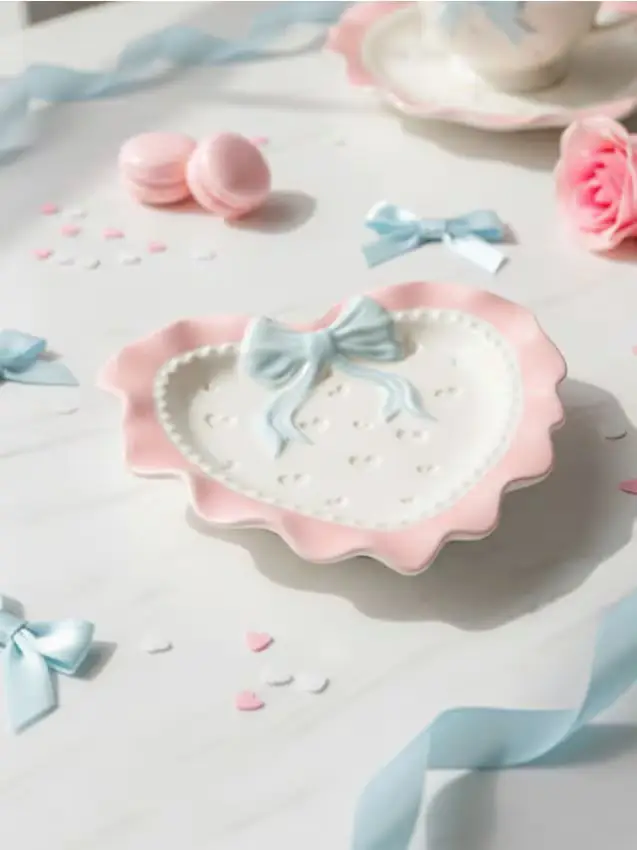 Piatto di ceramica di San Valentino a forma di cuore con fiocco - multicolor