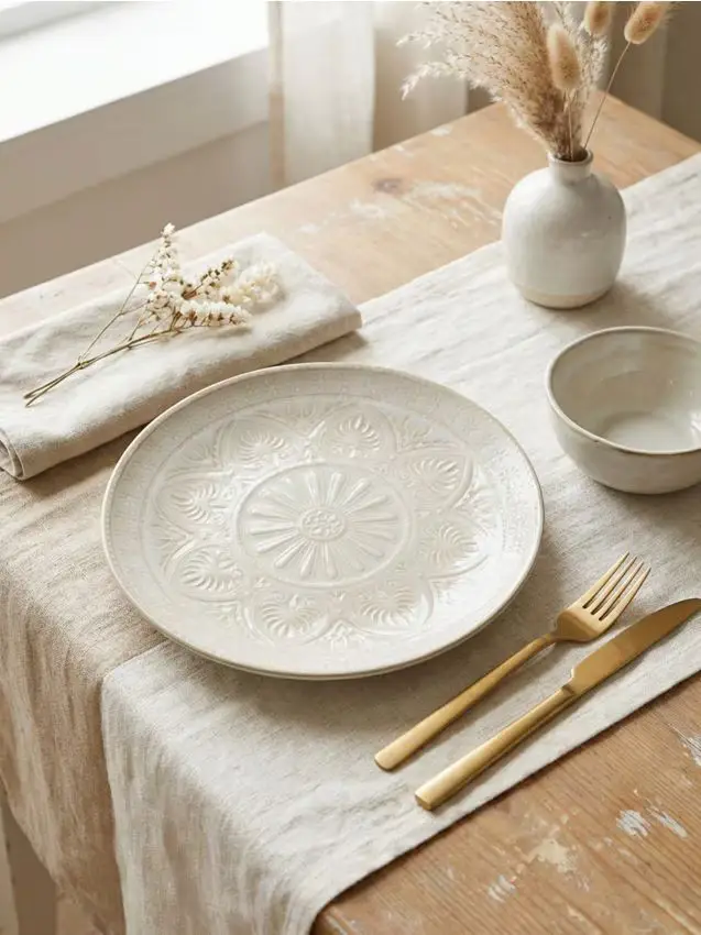 Piatto in ceramica con motivo in rilievo - panna