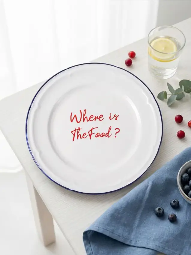 Piatto in ceramica con scritta Where is The Food? - blu