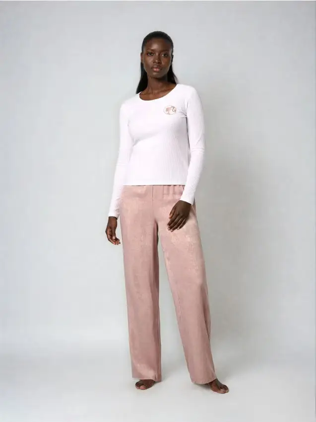 Pigiama con maniche lunghe e pantaloni in tessuto leggero Barbie - panna