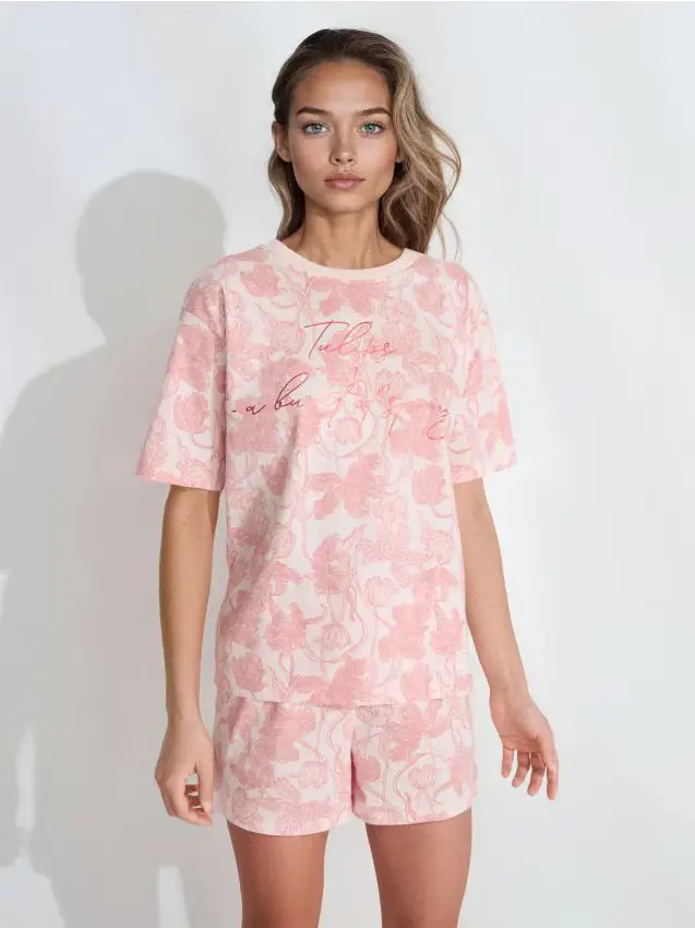 Pigiama due pezzi in cotone con stampa floreale - rosa pastello