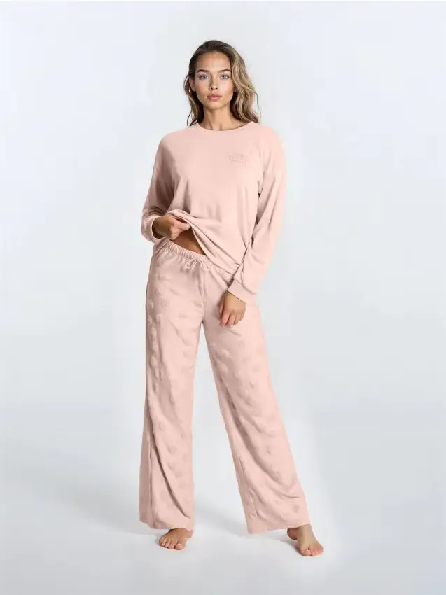Pigiama due pezzi in french terry con pantaloni a pois - rosa