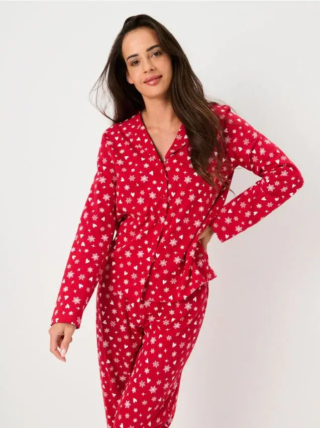 Pigiama festivo a due pezzi con stampa di cuori e fiocchi di neve - rosso