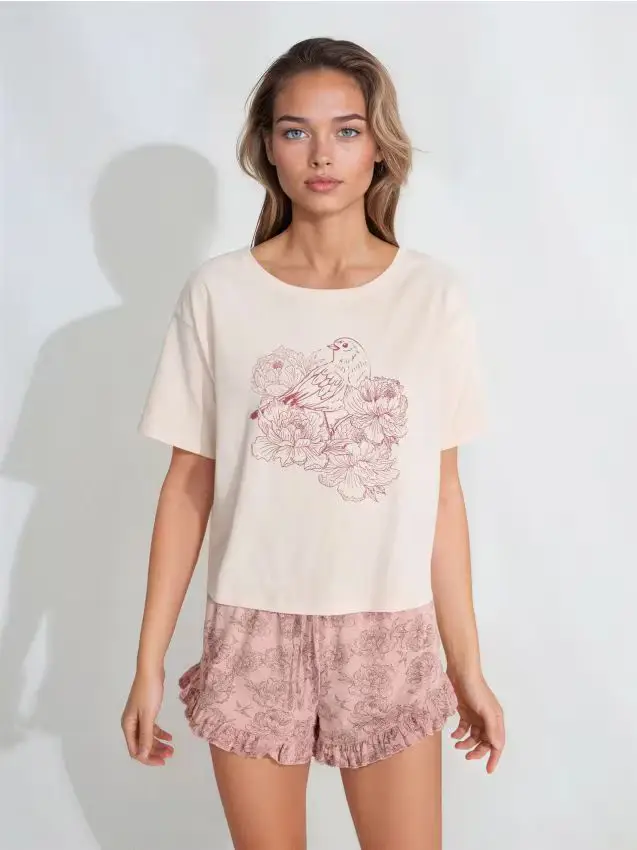 Pigiama in cotone a due pezzi con motivo floreale - rosa pastello