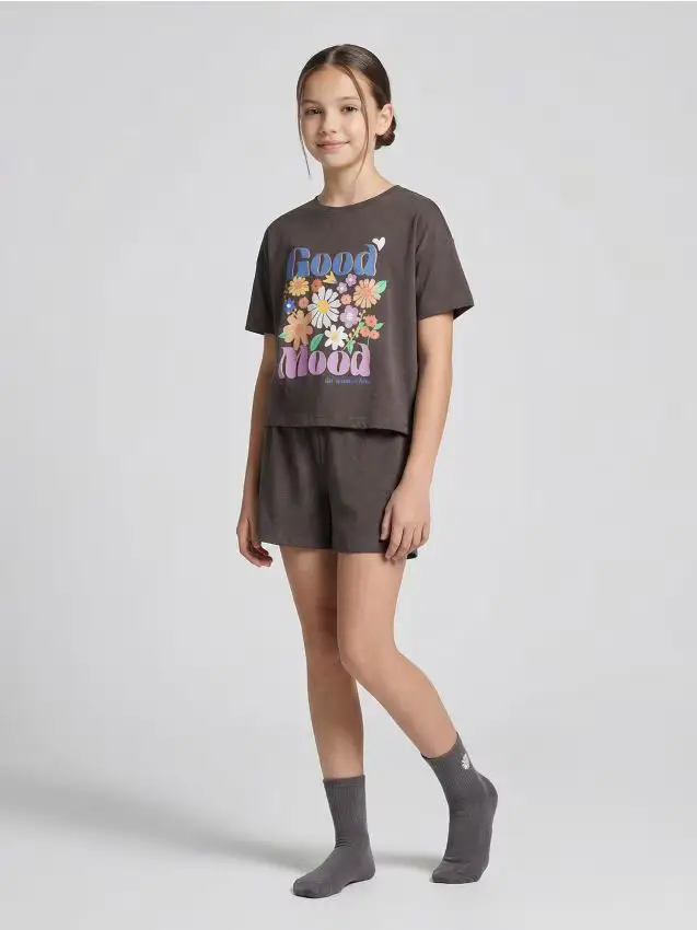 Pigiama in cotone a due pezzi con stampa - grigio scuro