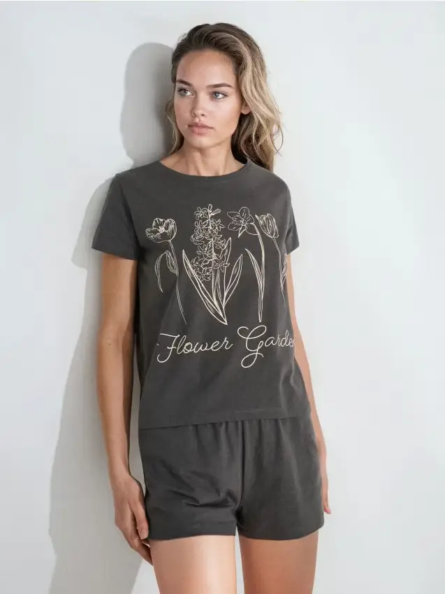 Pigiama in cotone a due pezzi con stampa - grigio scuro