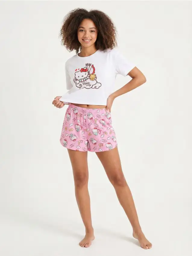 Pigiama in cotone a due pezzi con stampa Hello Kitty - bianco