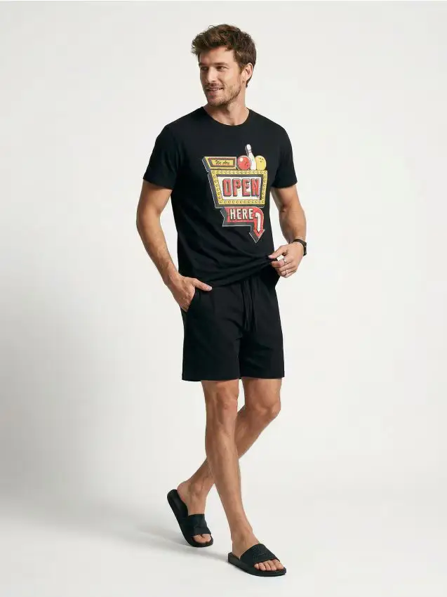 Pigiama in cotone a due pezzi con stampa - nero