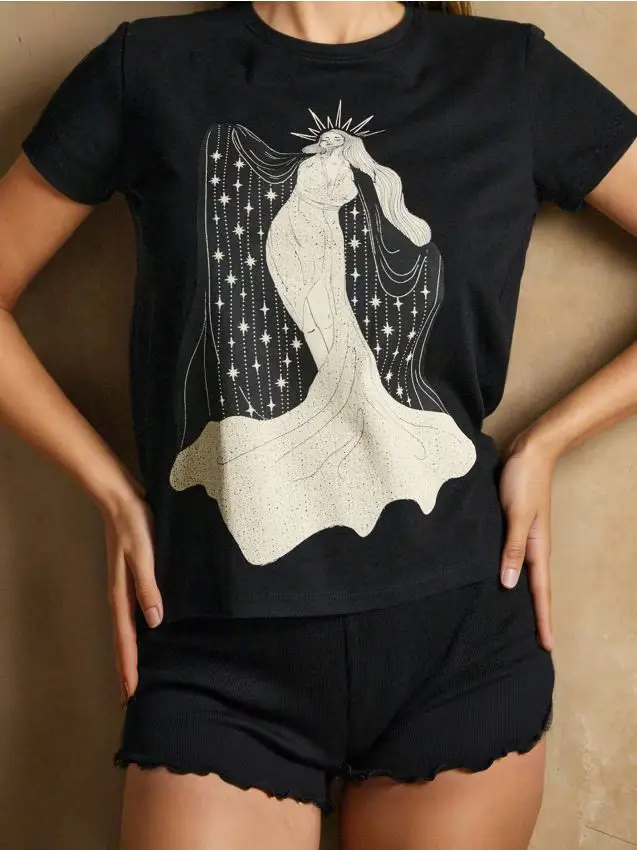 Pigiama in cotone a due pezzi con stampa - nero