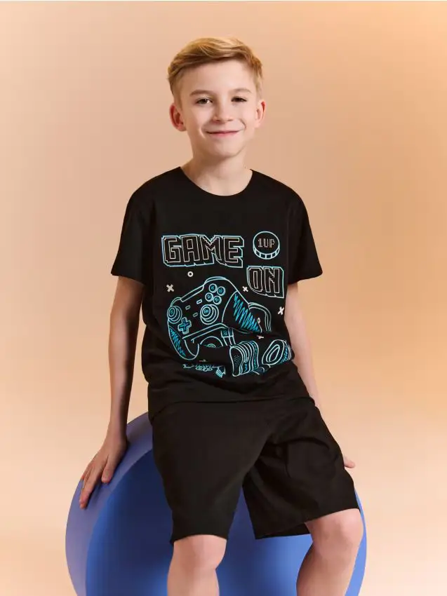 Pigiama in cotone a due pezzi con stampa - nero