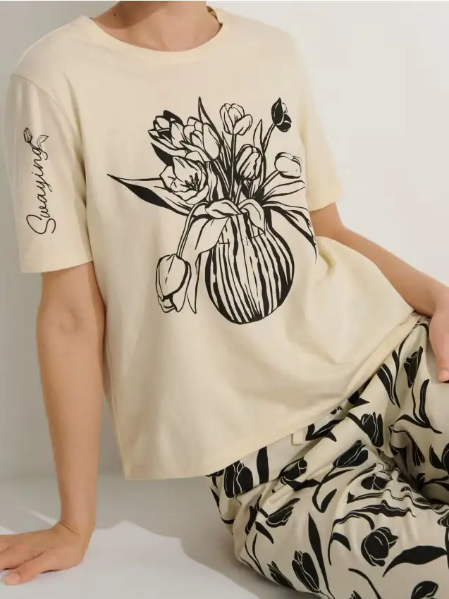 Pigiama in cotone a due pezzi con stampa - panna