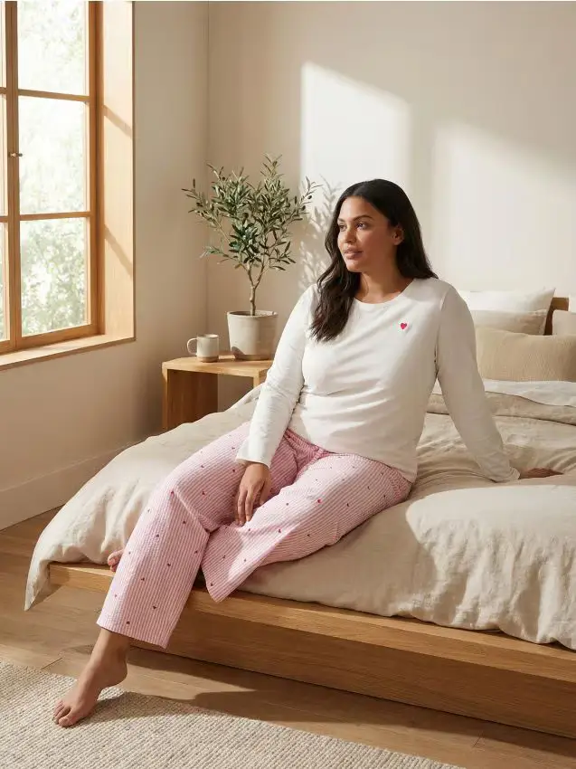 Pigiama in cotone a due pezzi con stampa - panna