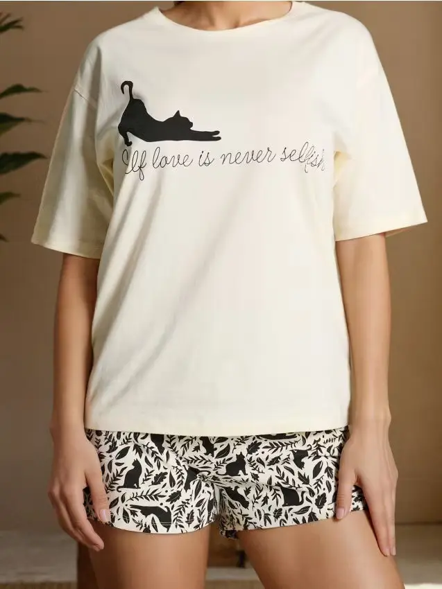 Pigiama in cotone a due pezzi - panna