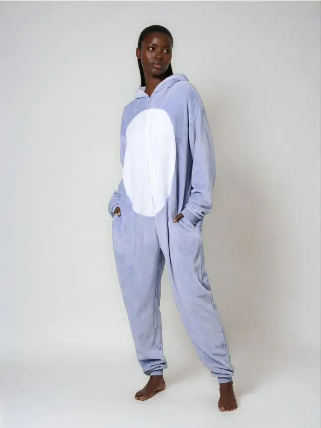 Pigiama onesie in pile con cappuccio e orecchie 3D Stitch - blu pallido