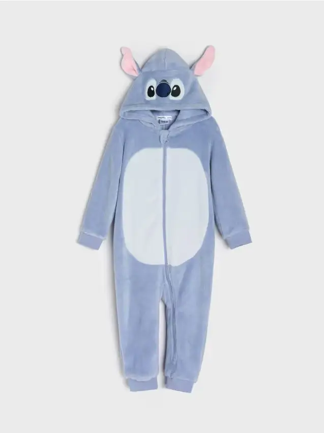 Pigiama onesie in pile con cappuccio e orecchie 3D Stitch - blu pallido
