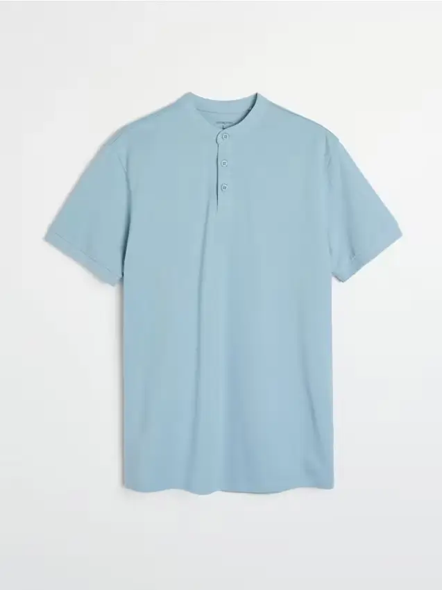 Polo in cotone con colletto alla coreana - blu pallido