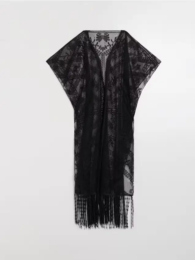 Poncho da spiaggia in pizzo con frange - nero