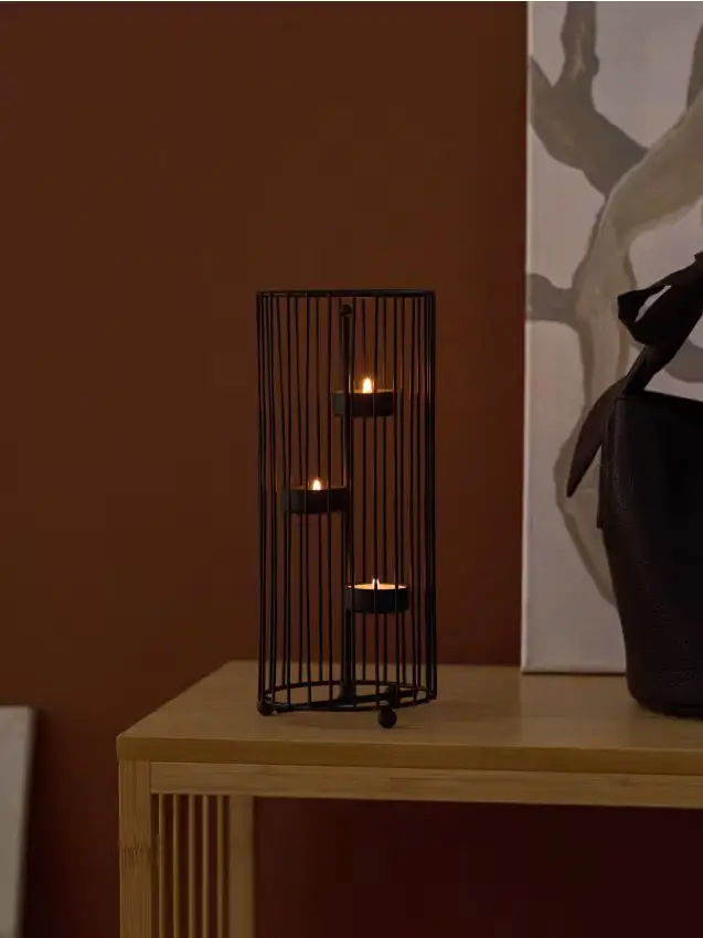 Portacandele decorativo a forma di gabbia per tre candeline tealight - nero