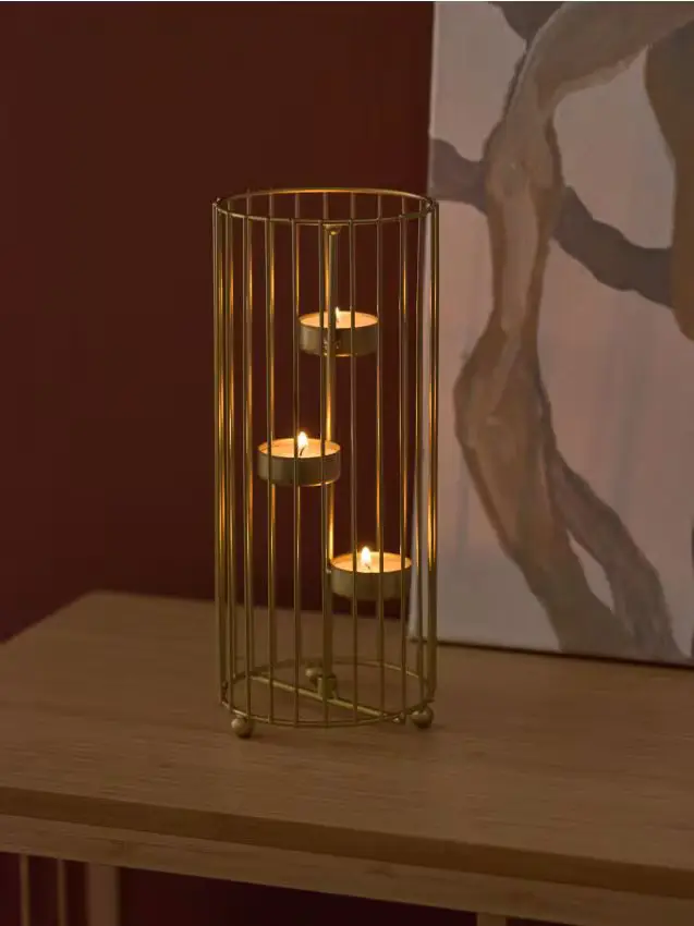 Portacandele decorativo a forma di gabbia per tre candeline tealight - oro