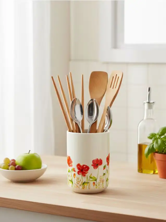 Portaposate in ceramica con motivo floreale - panna