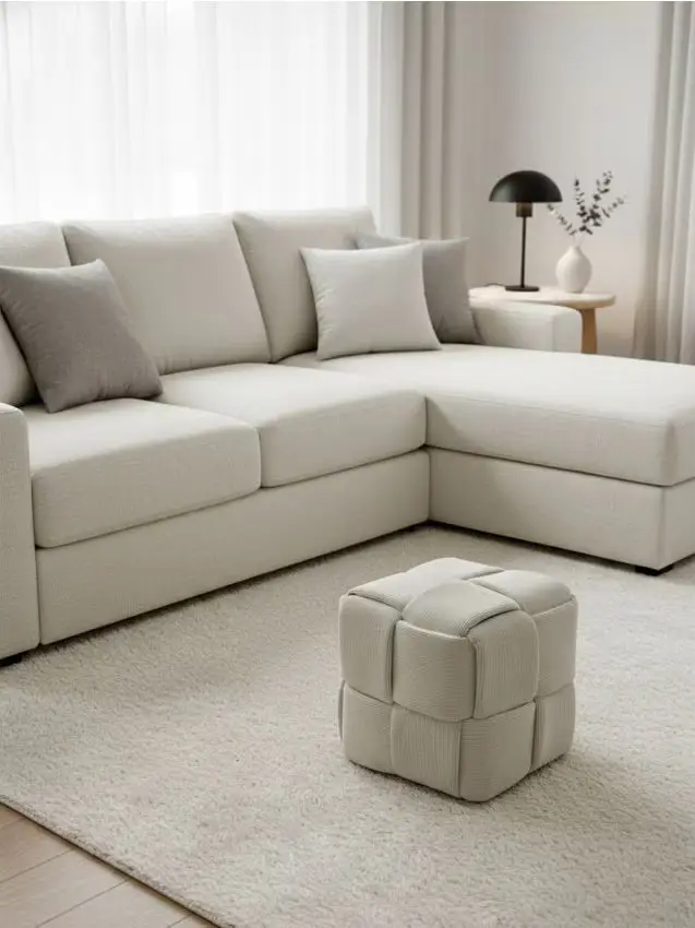 Pouf cubo con cuciture decorative - panna