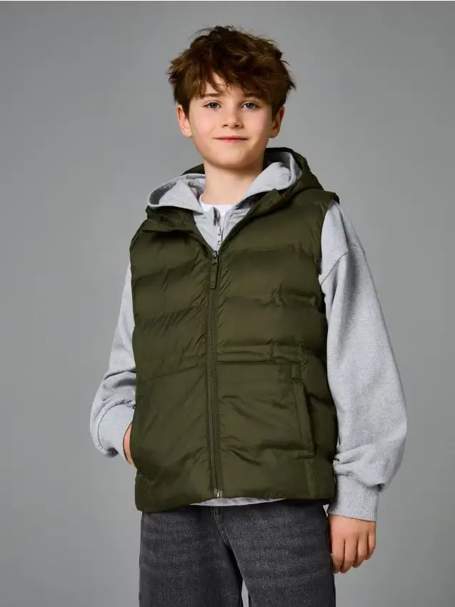 Quilted vest with a hood - khaki
