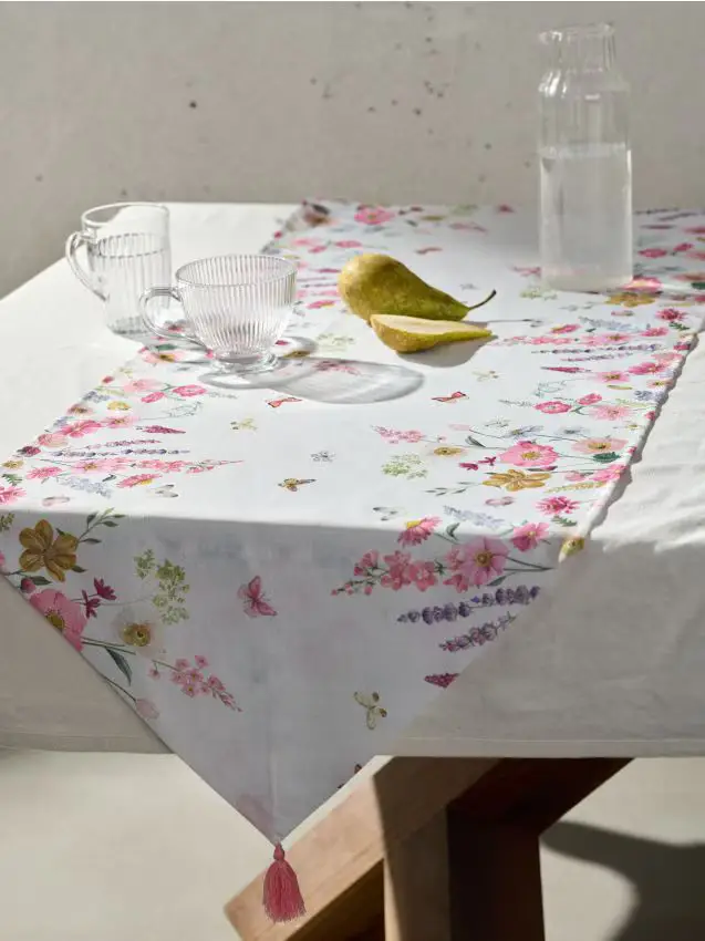 Runner da tavolo con motivo floreale e frange - bianco